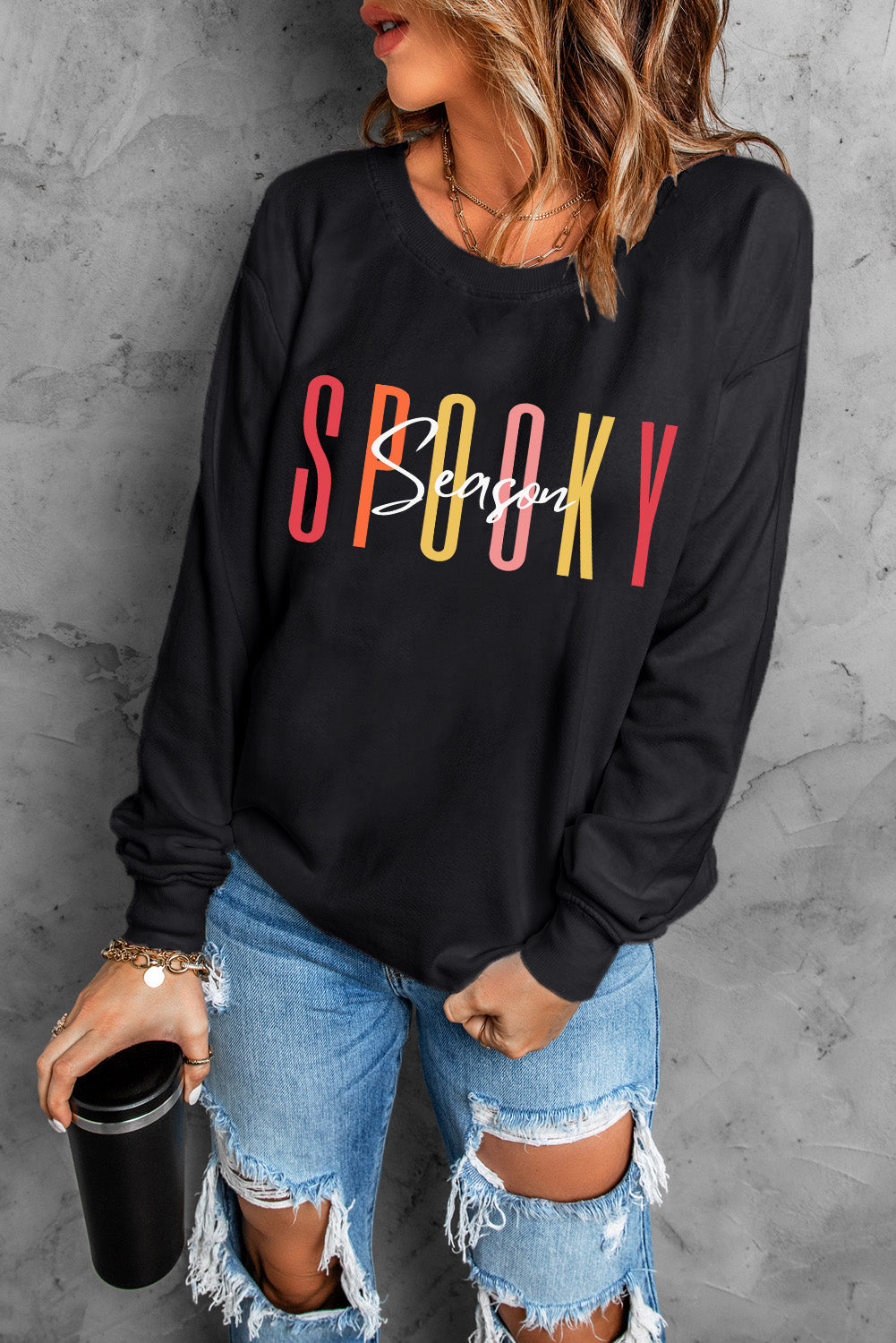 Black Spooky Season Halloween Fashion Graphic Sweatshirt