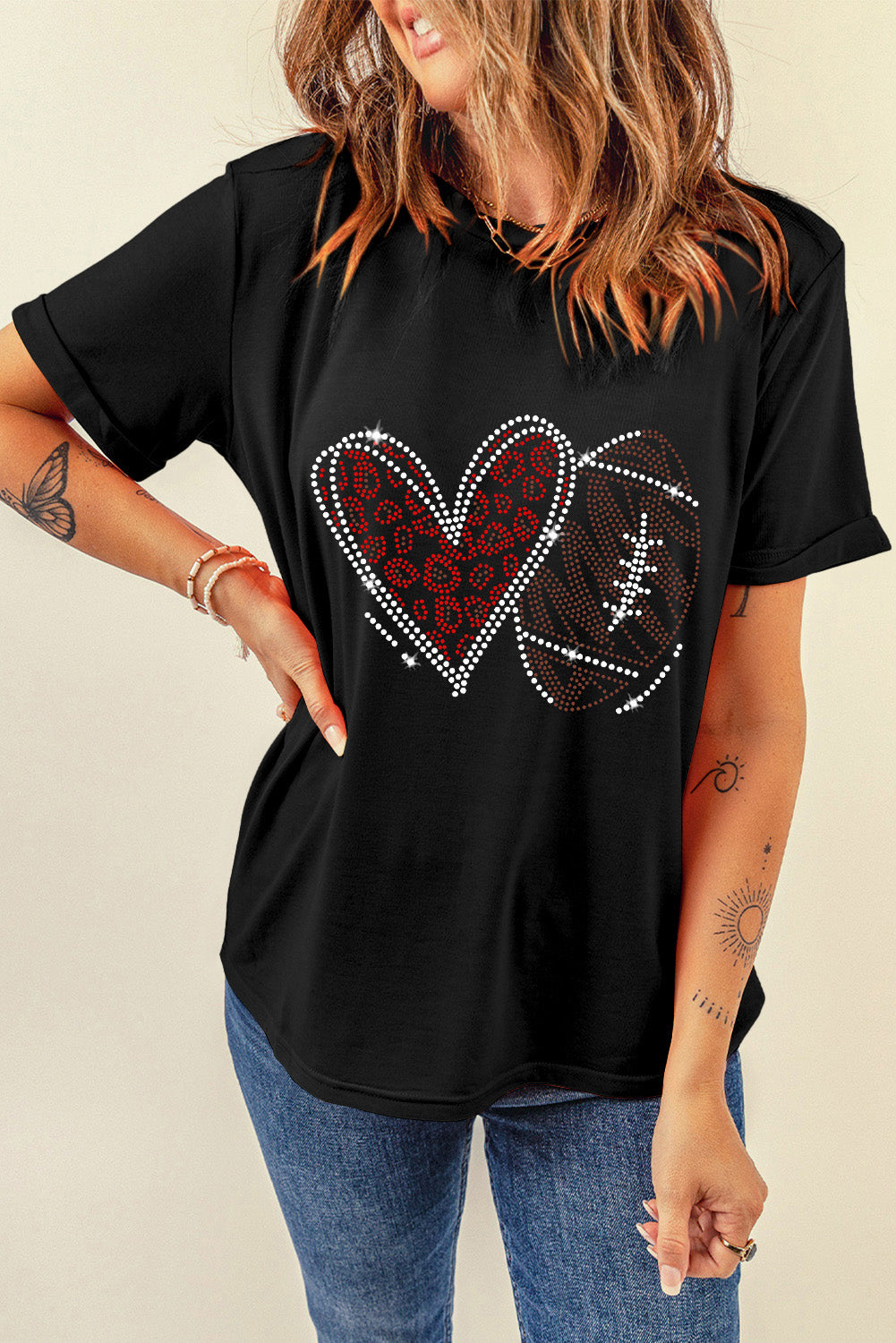 Black Rhinestone Football Heart Shape Graphic Crewneck T Shirt