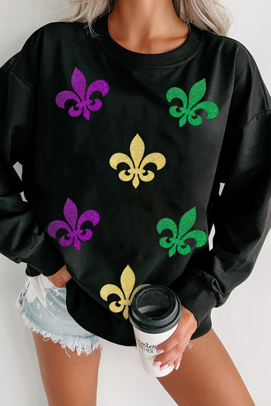 Black Mardi Gras Graphic Round Neck Casual Sweatshirt