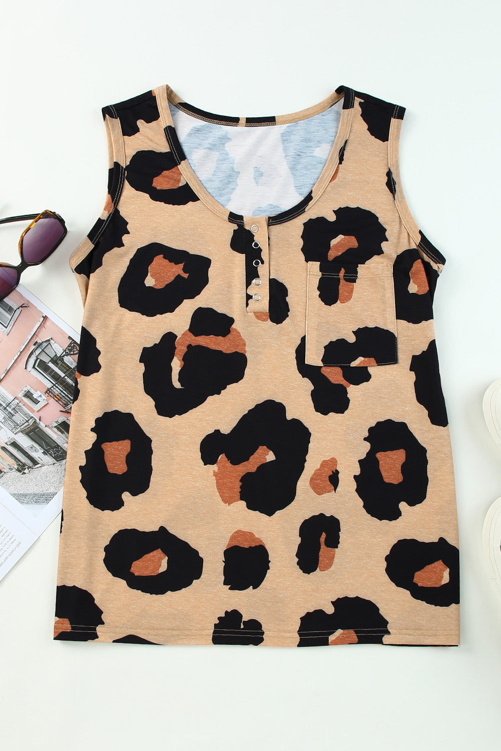 Cheetah Button Neck Casual Chest Pocket Tank Top