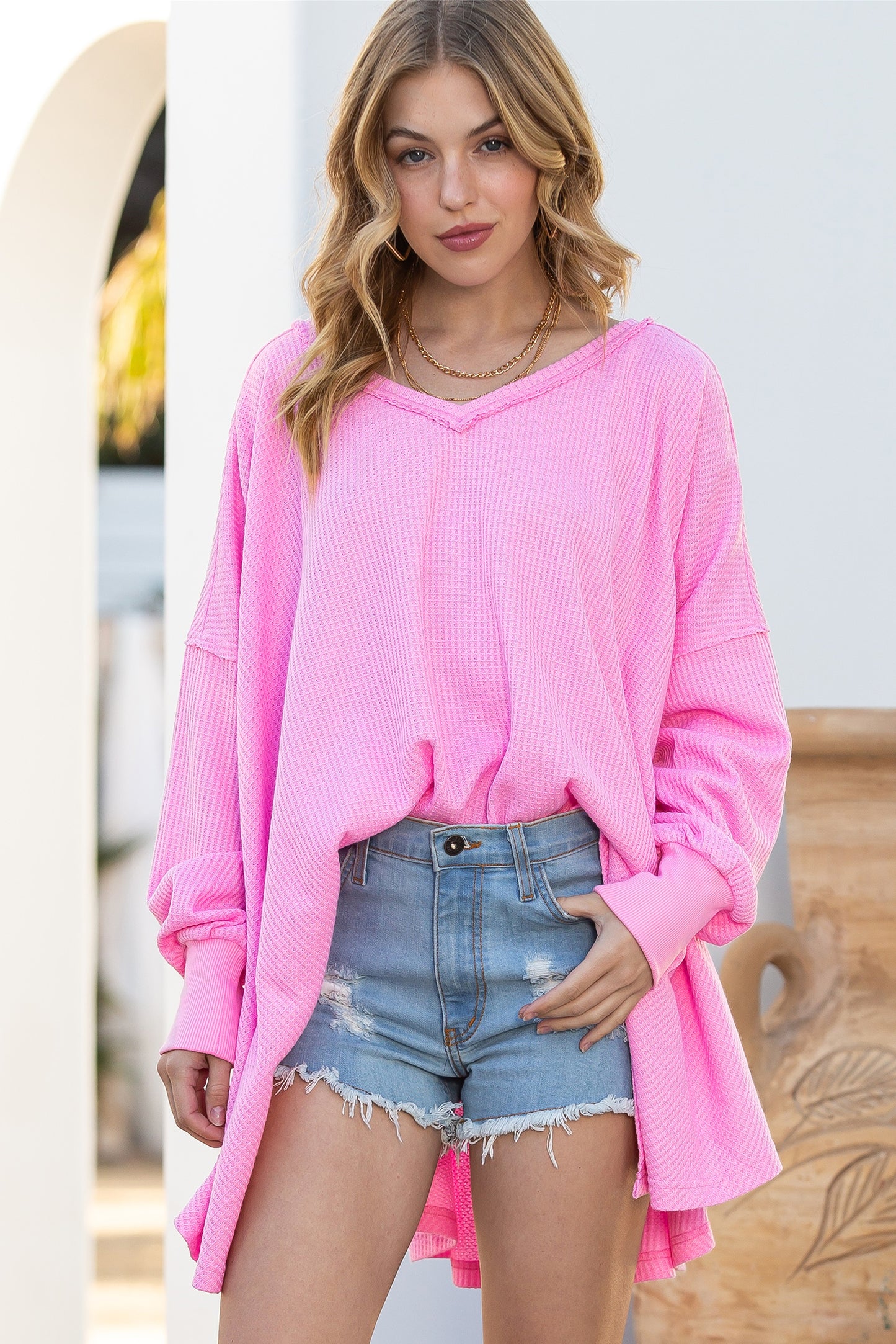 Pink Waffle Textured V-Neck Oversized Top