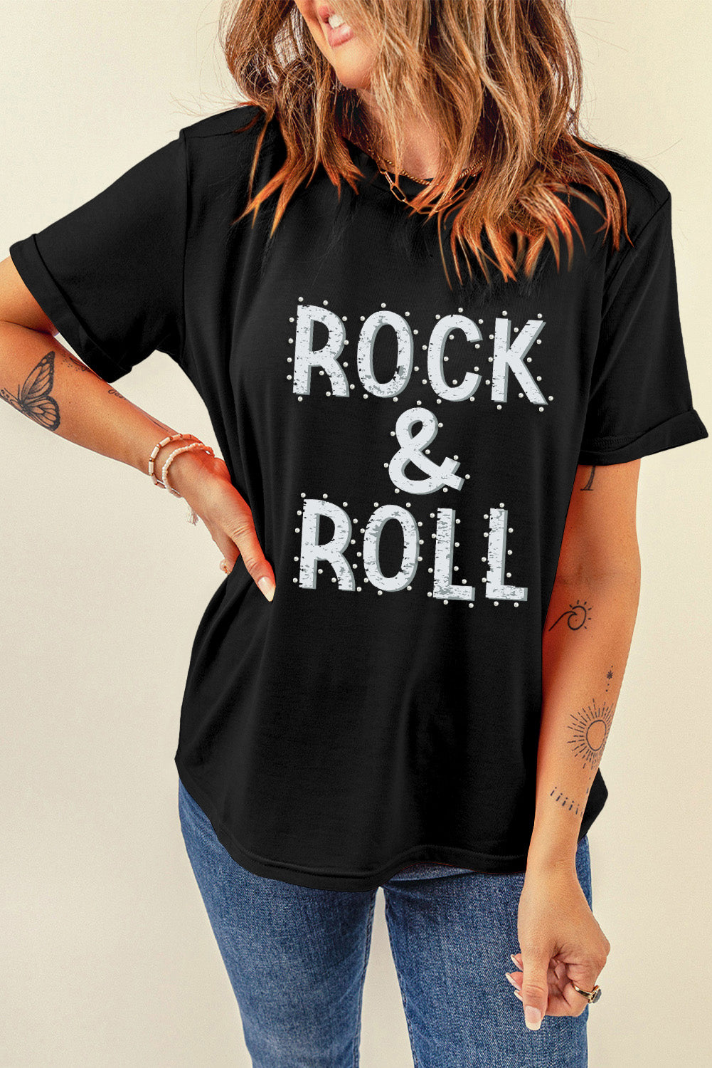 Black ROCK & ROLL Beaded Crew Neck Graphic Tee