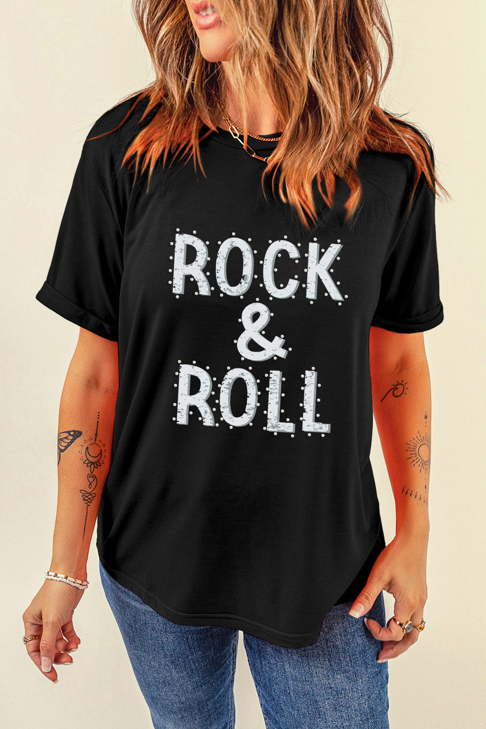 Black ROCK & ROLL Beaded Crew Neck Graphic Tee