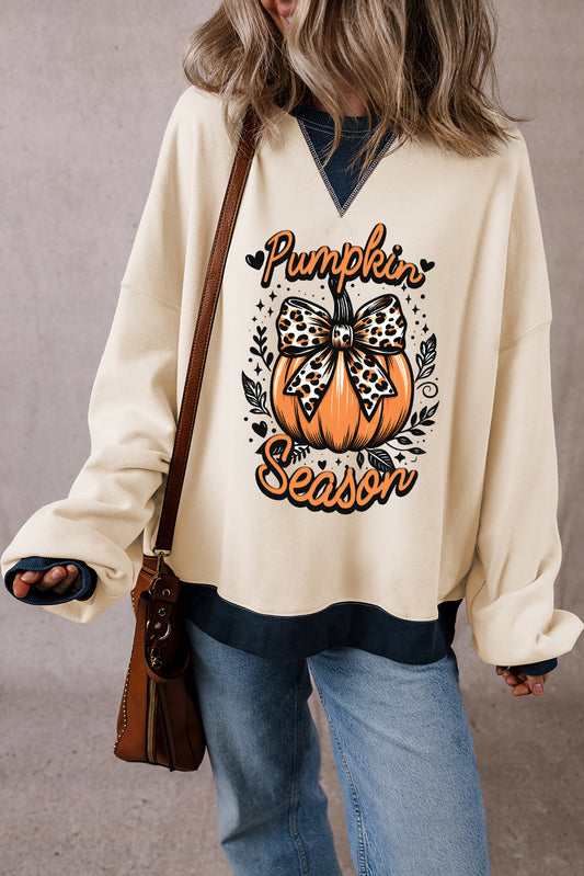 Beige Pumpkin Season Bow Colorblock Edge Graphic Sweatshirt