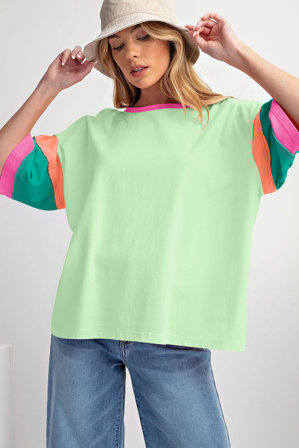 Color Block Sleeve Round Neck Oversize Top