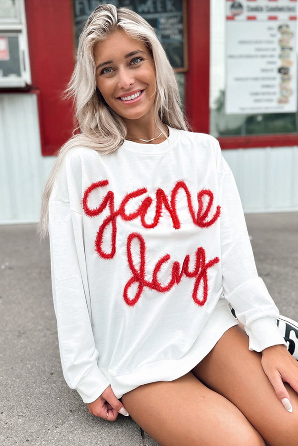 White With Red Tinsel Game Day Drop Shoulder Sweatshirt