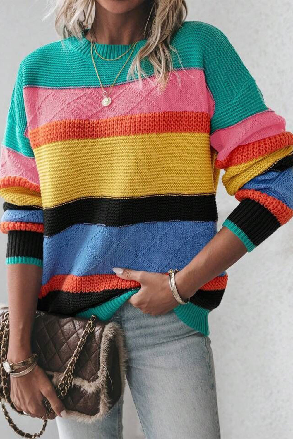 Yellow Colorblock Drop Shoulder Crew Neck Sweater