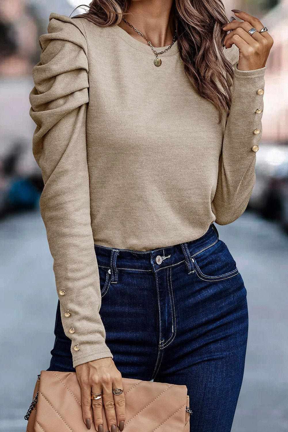 Khaki Basic Buttoned Puff Long Sleeve Sheath Top