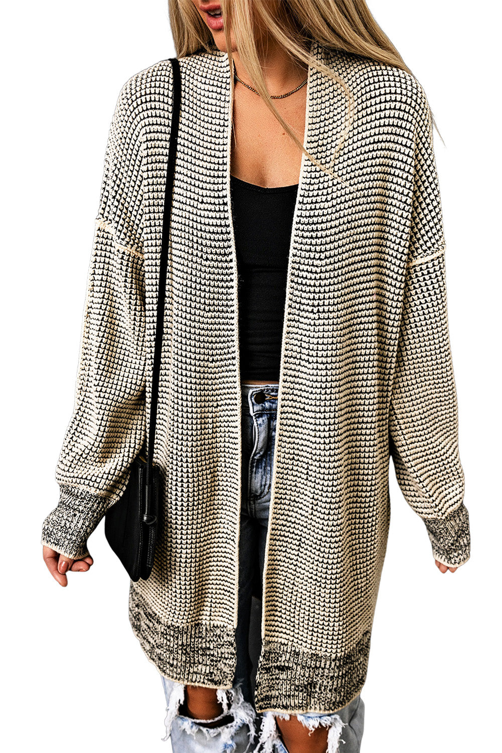 Plaid Contrast Trim Casual Knit Cardigan