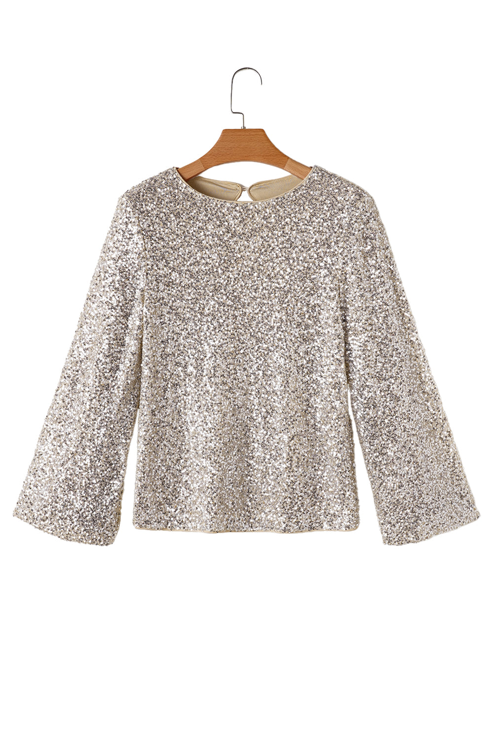 Silvery Sequin Puff Sleeve Cutout Back Blouse