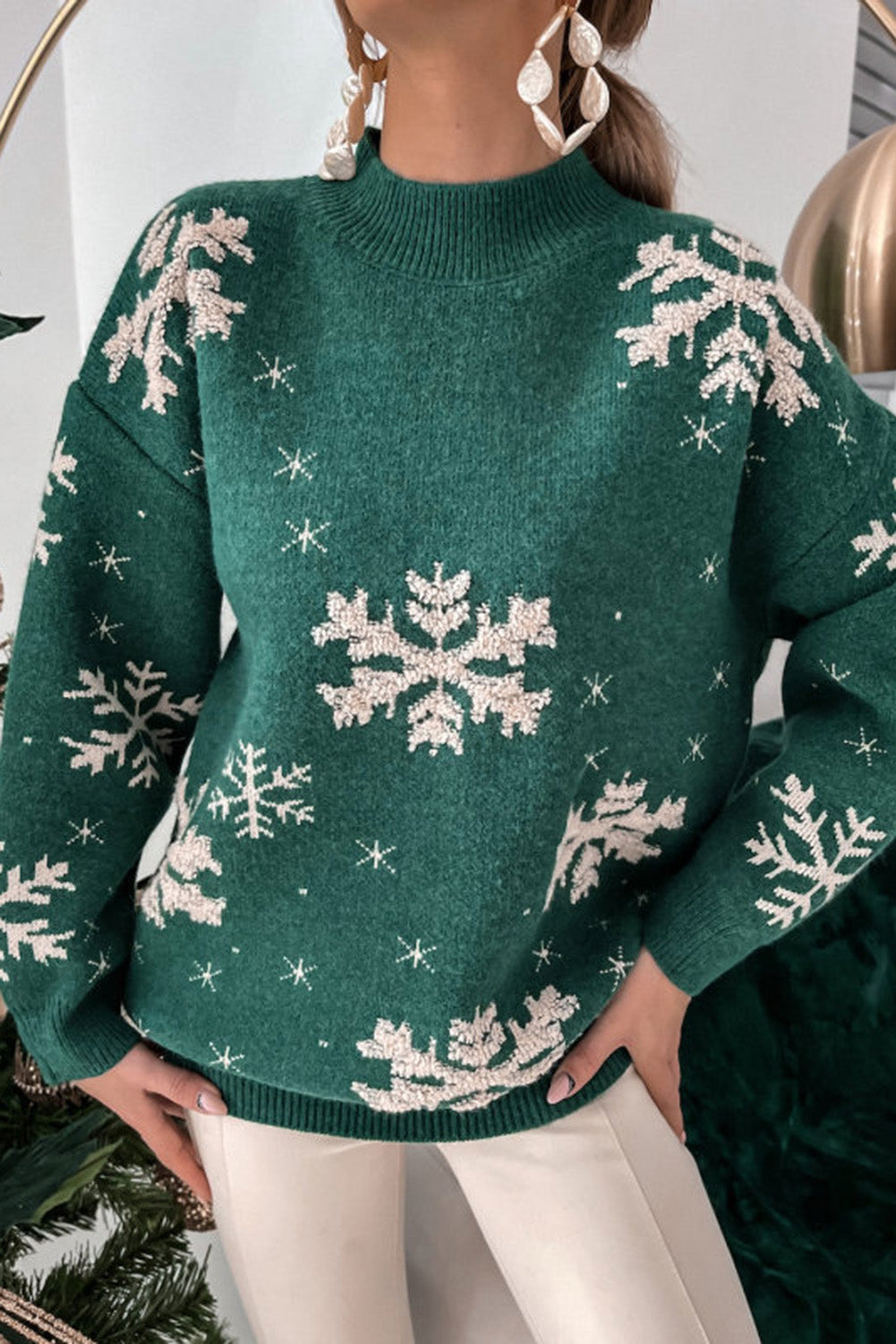 Green Christmas Snowflake Mock Neck Sweater