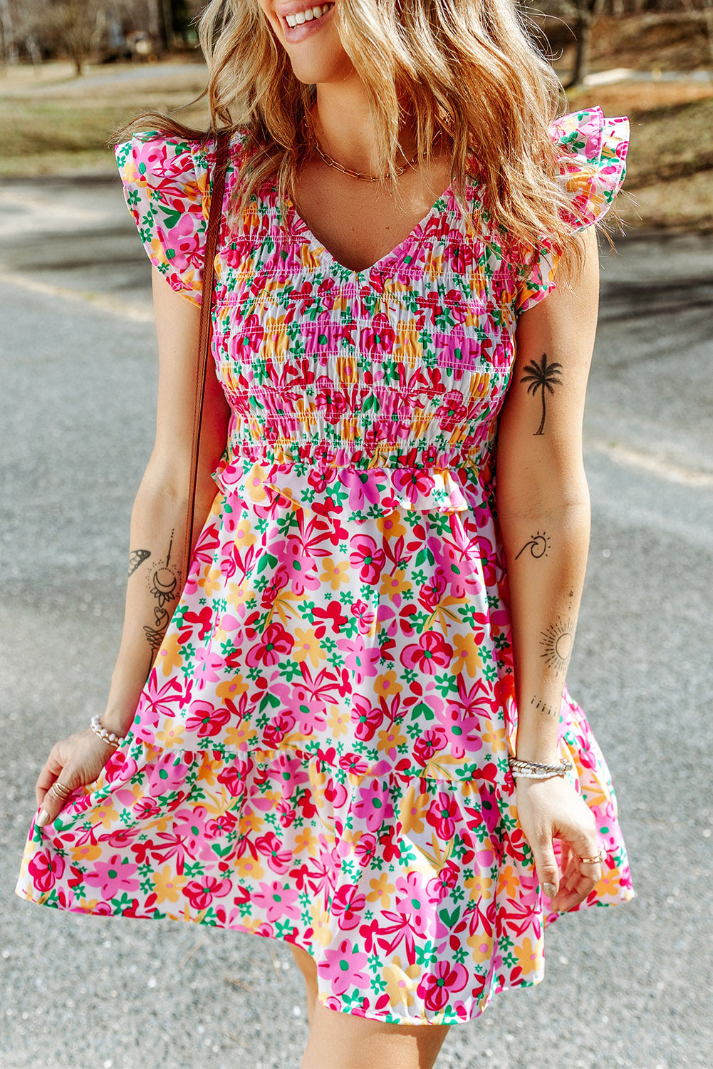 Multicolor Smocked Bodice Ruffle Trim Floral Short Dress