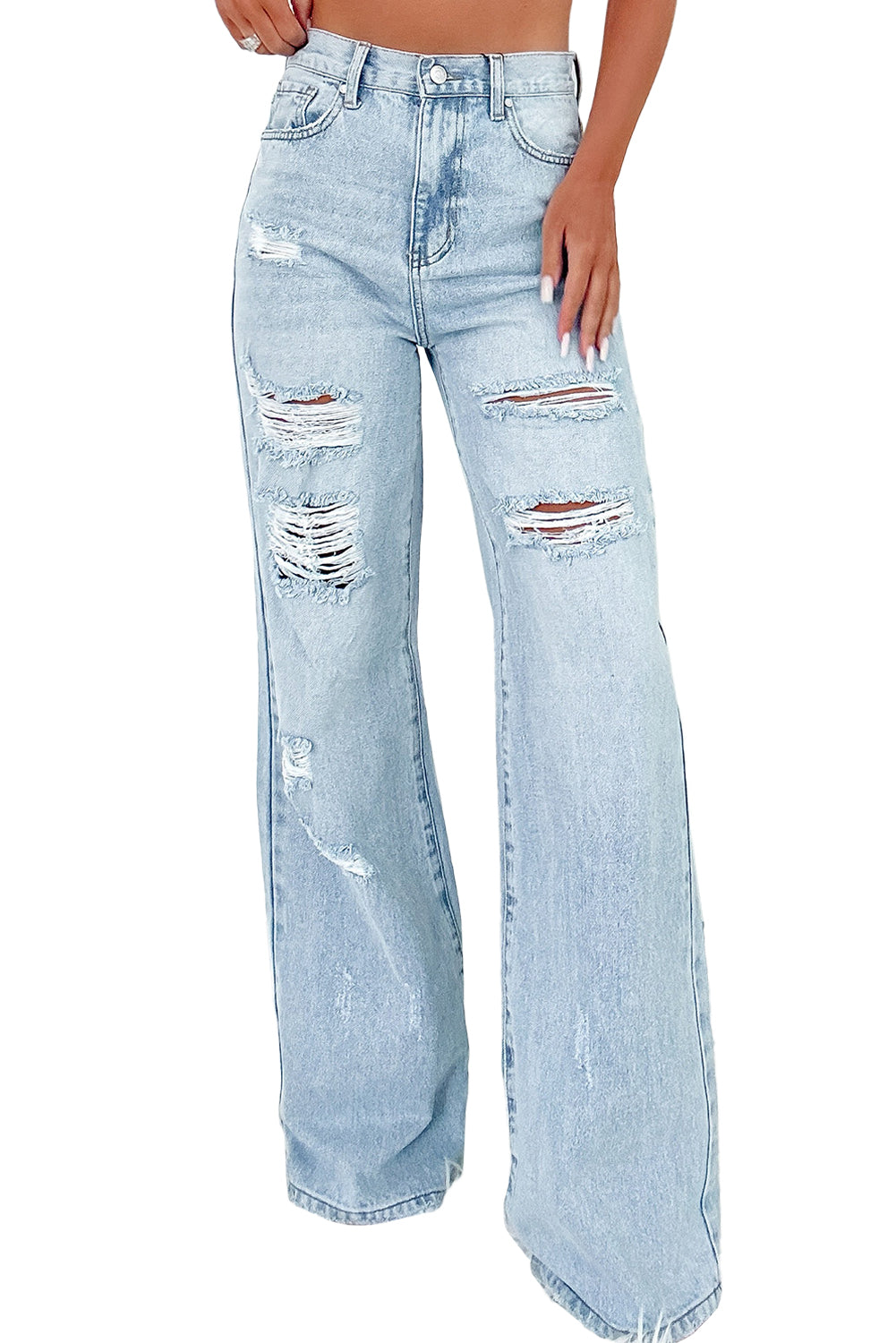 Beau Blue Light Wash Distressed High Waist Wide Leg Jeans