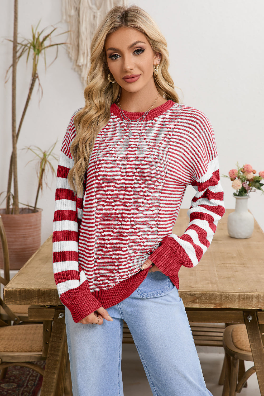 Red and White Stripe Twisted Knitted Drop Shoulder Sweater