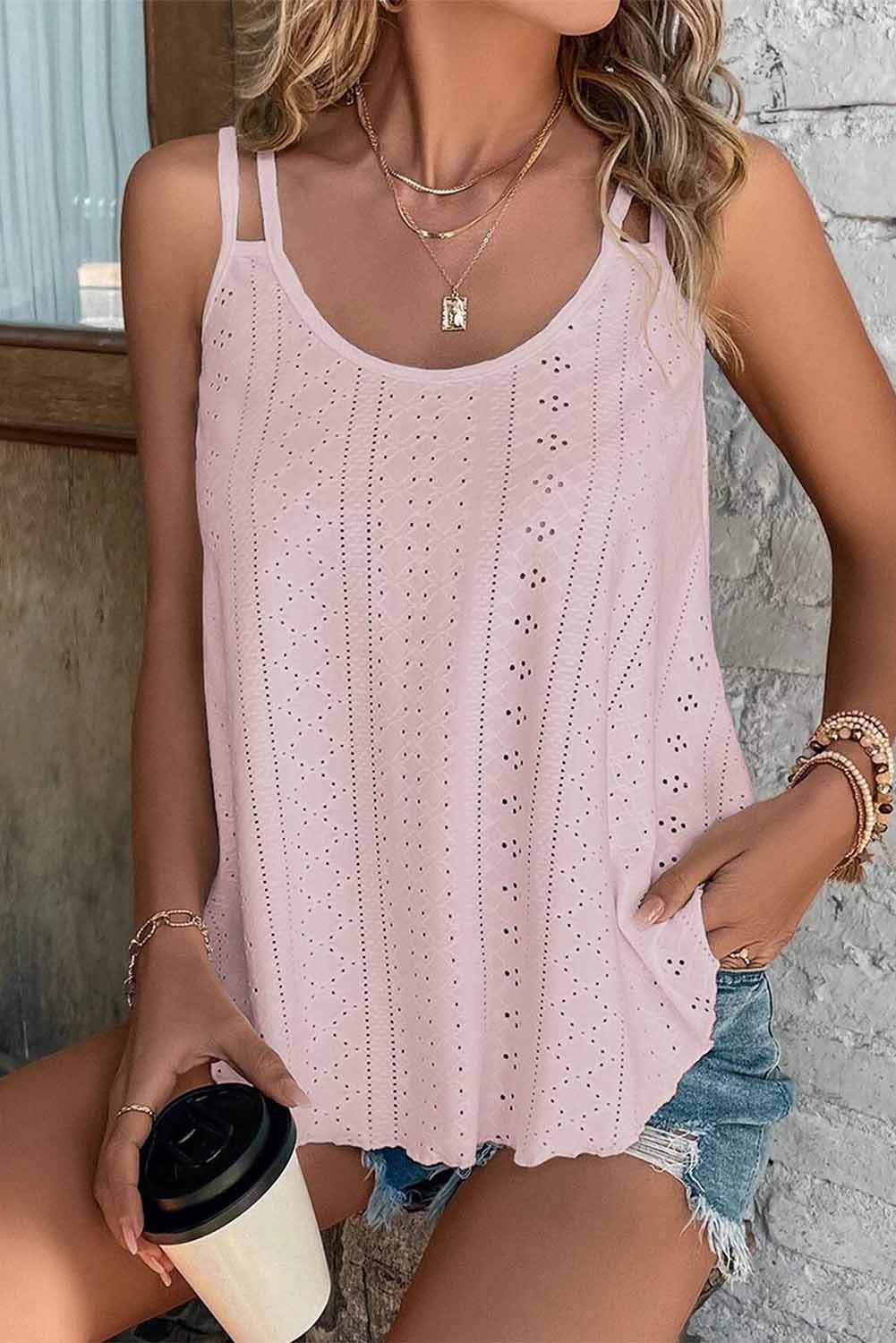 Black Eyelet Strappy Scoop Neck Cami Top