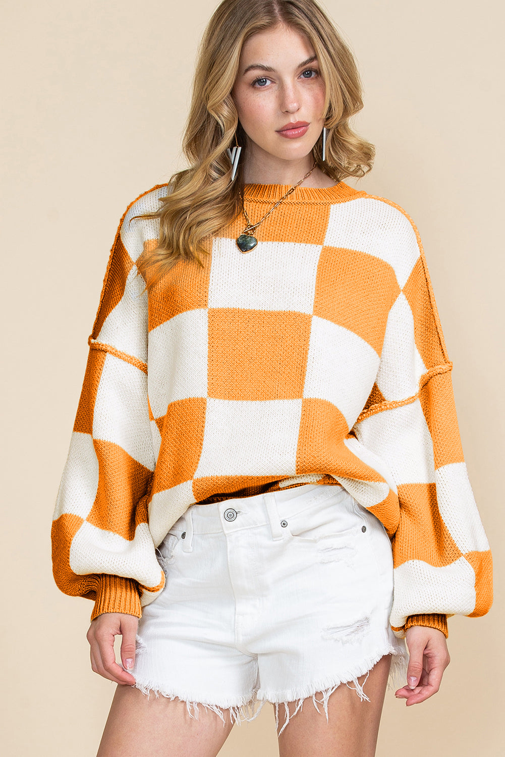 Checkered Bishop Sleeve Pullover Sweater