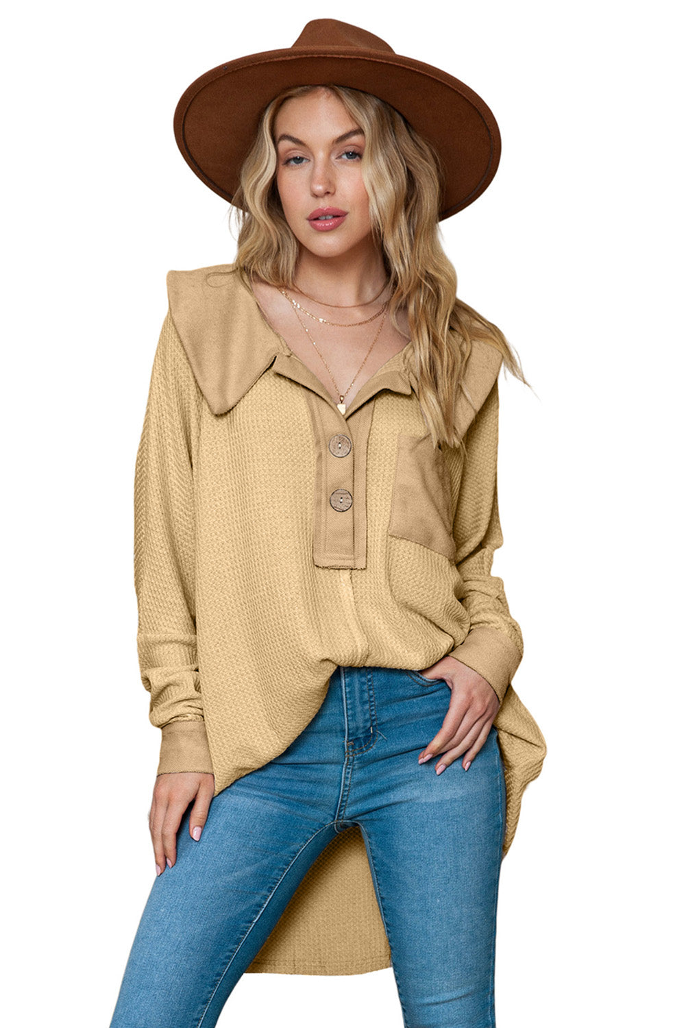 Waffle Pocket Seam Patchwork Loose Top