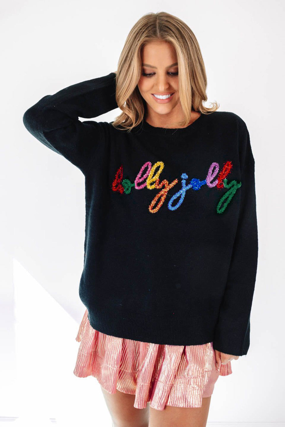 A Black Tinsel Holly Jolly Round Neck Knit Sweater