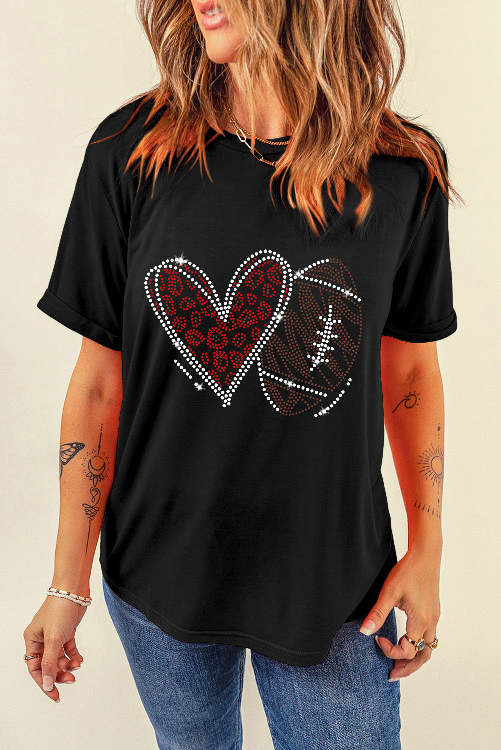 Black Rhinestone Football Heart Shape Graphic Crewneck T Shirt