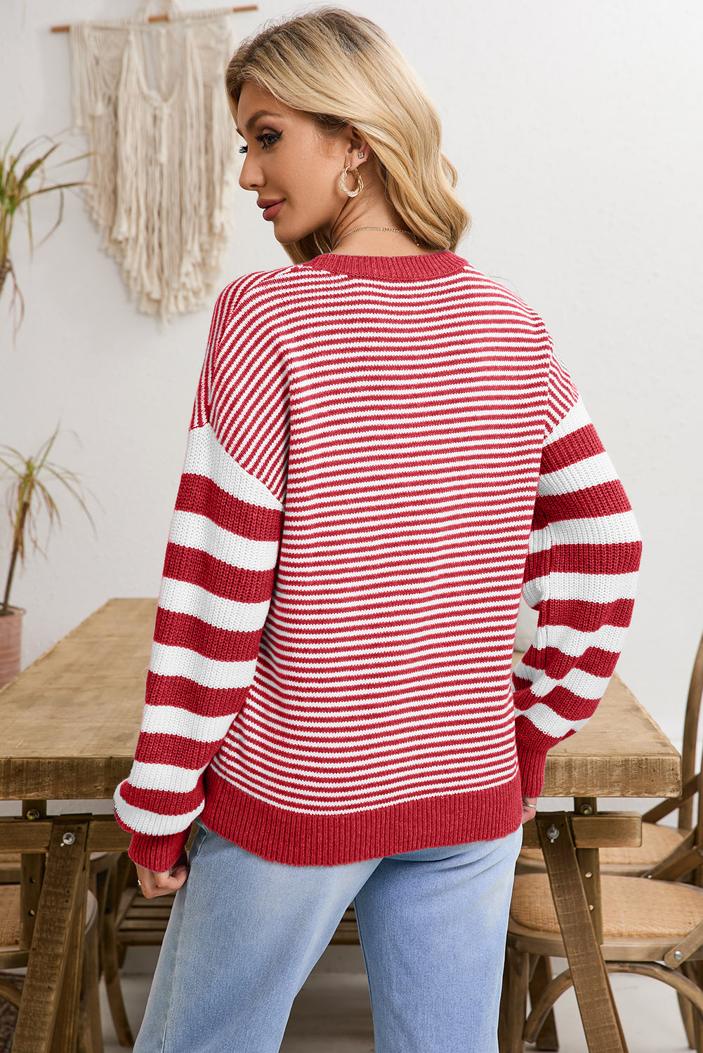 Red and White Stripe Twisted Knitted Drop Shoulder Sweater