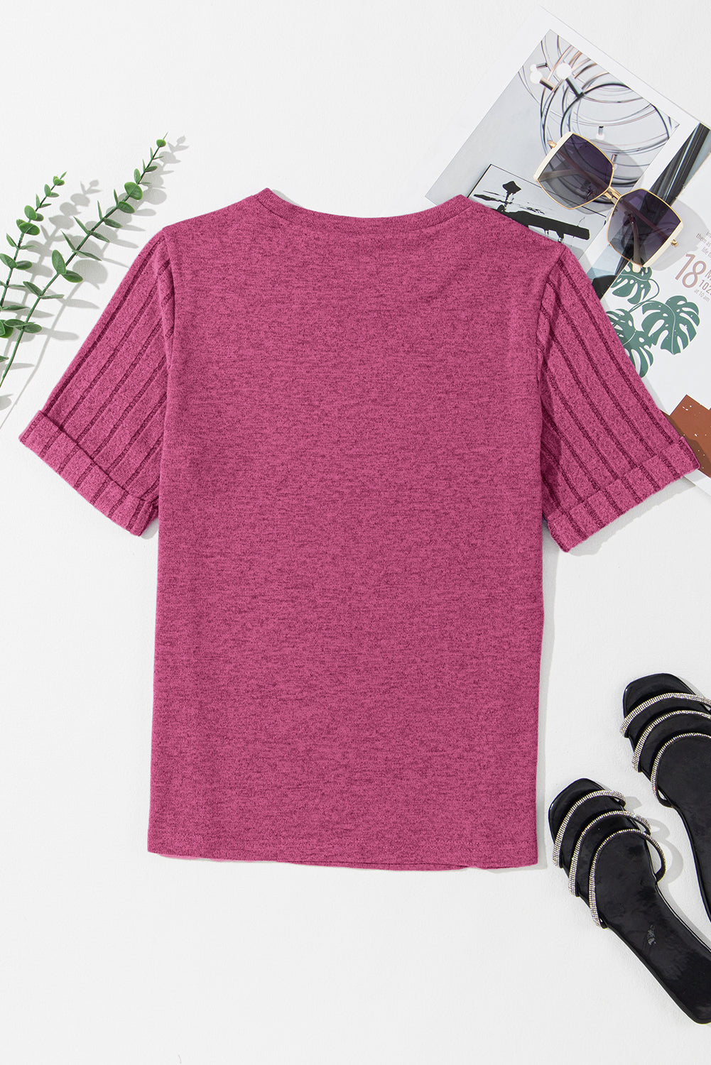 Bright Pink Ribbed Splicing Short Sleeve Round Neck T-shirt