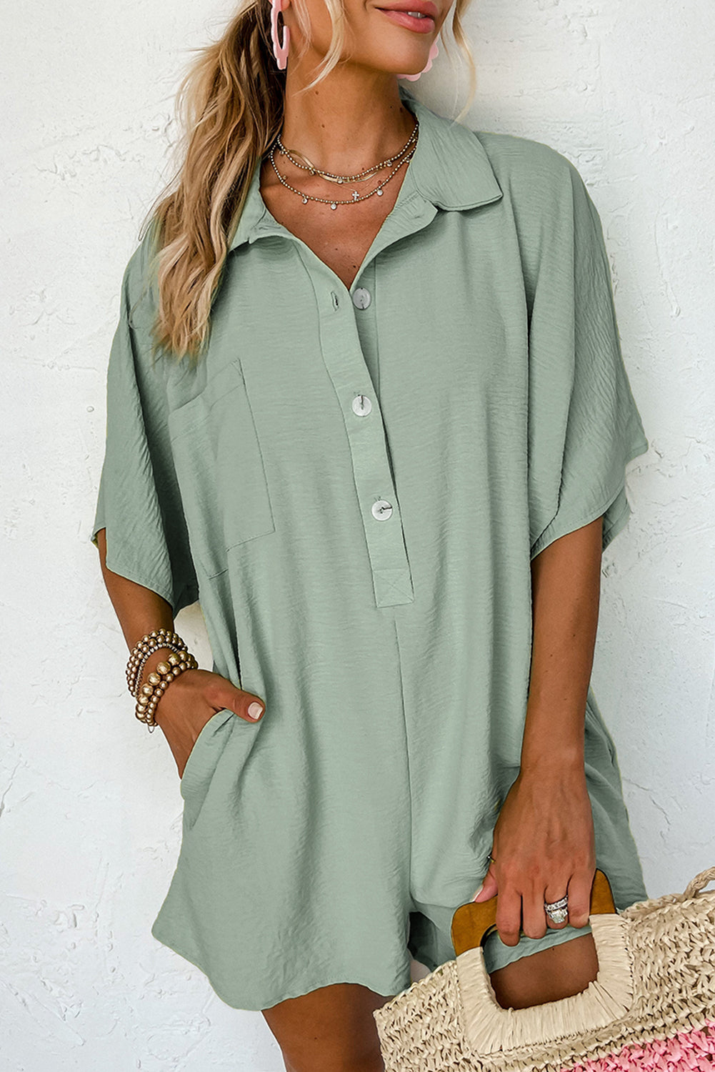 Half Button Collared Pocket Loose Romper