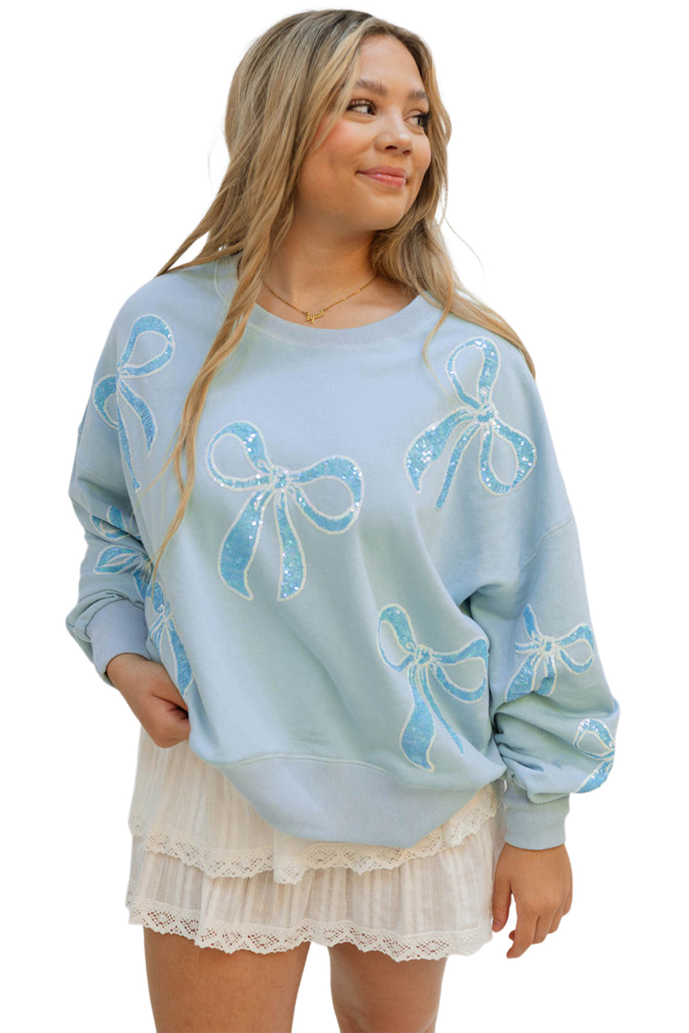 Beau Blue Sequin Bow Drop Shoulder Oversized Sweatshirt