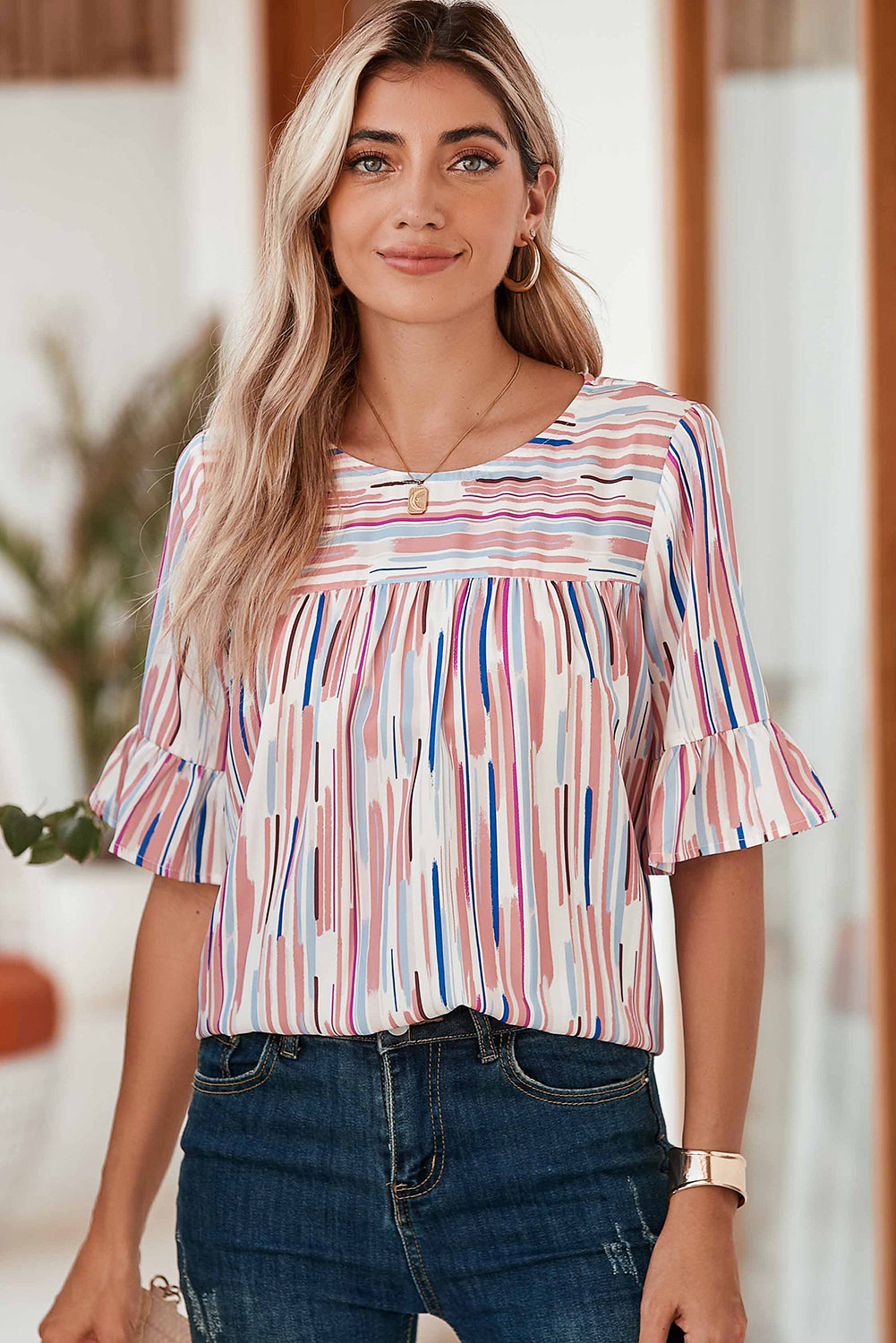 White Striped Abstract Print Ruffle Half Sleeve Blouse