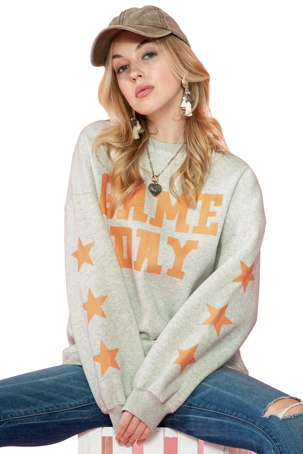 Orange Lettering Game Day Print Star Sleeve Sweatshirt