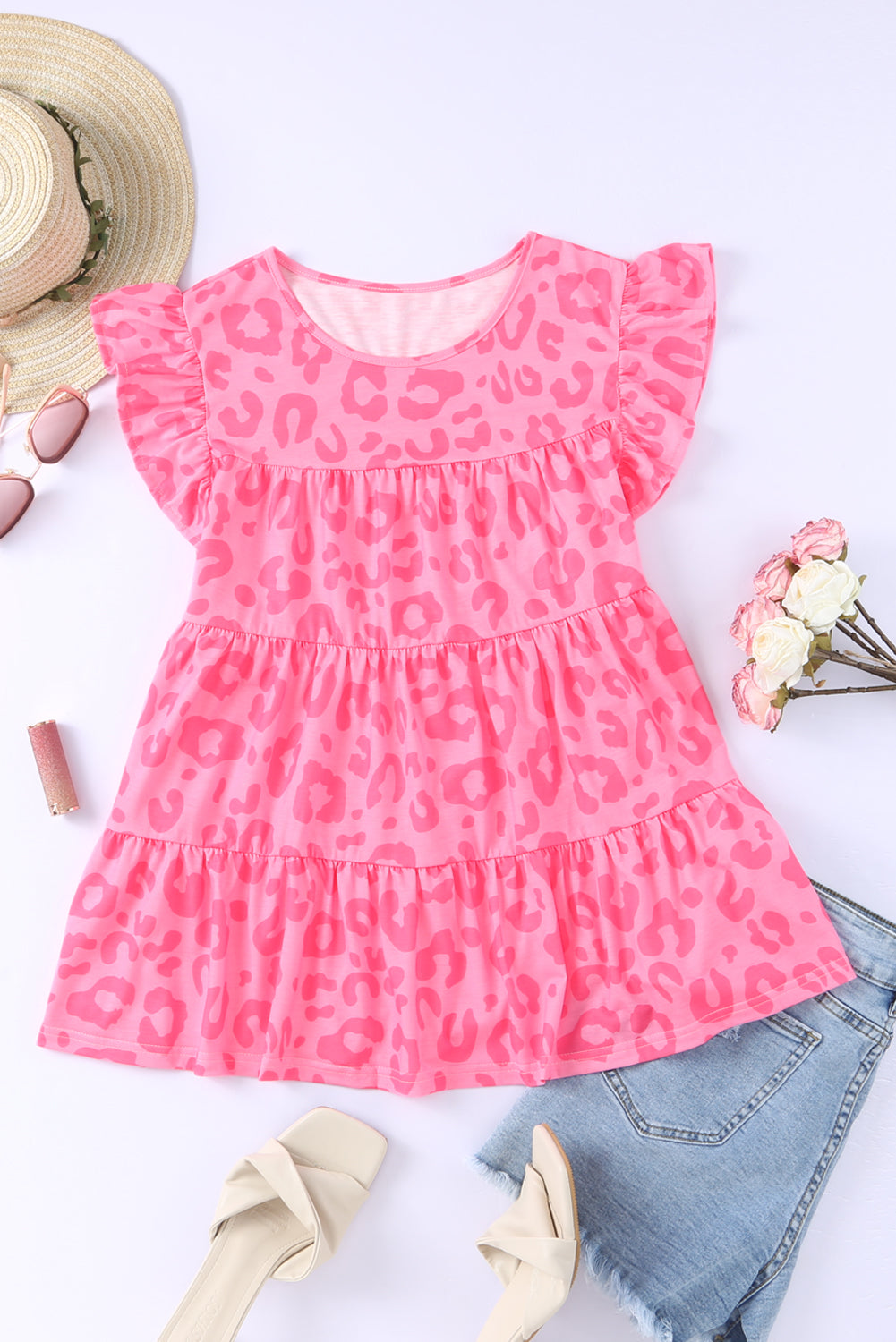 Pink Leopard Print Ruffled Sleeveless Tiered Boho Top