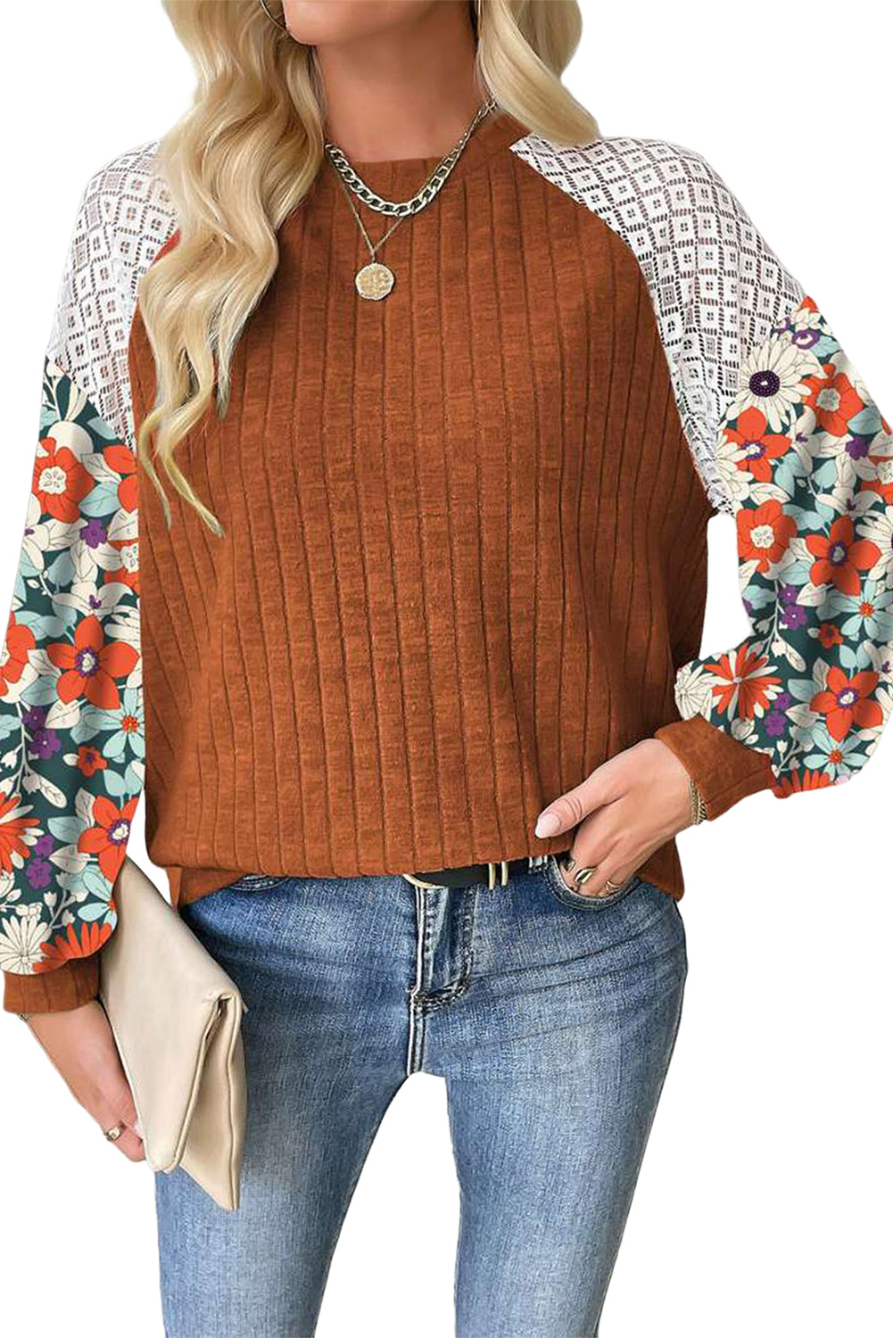 Laurel Green Floral Patchwork Raglan Sleeve Ribbed Blouse