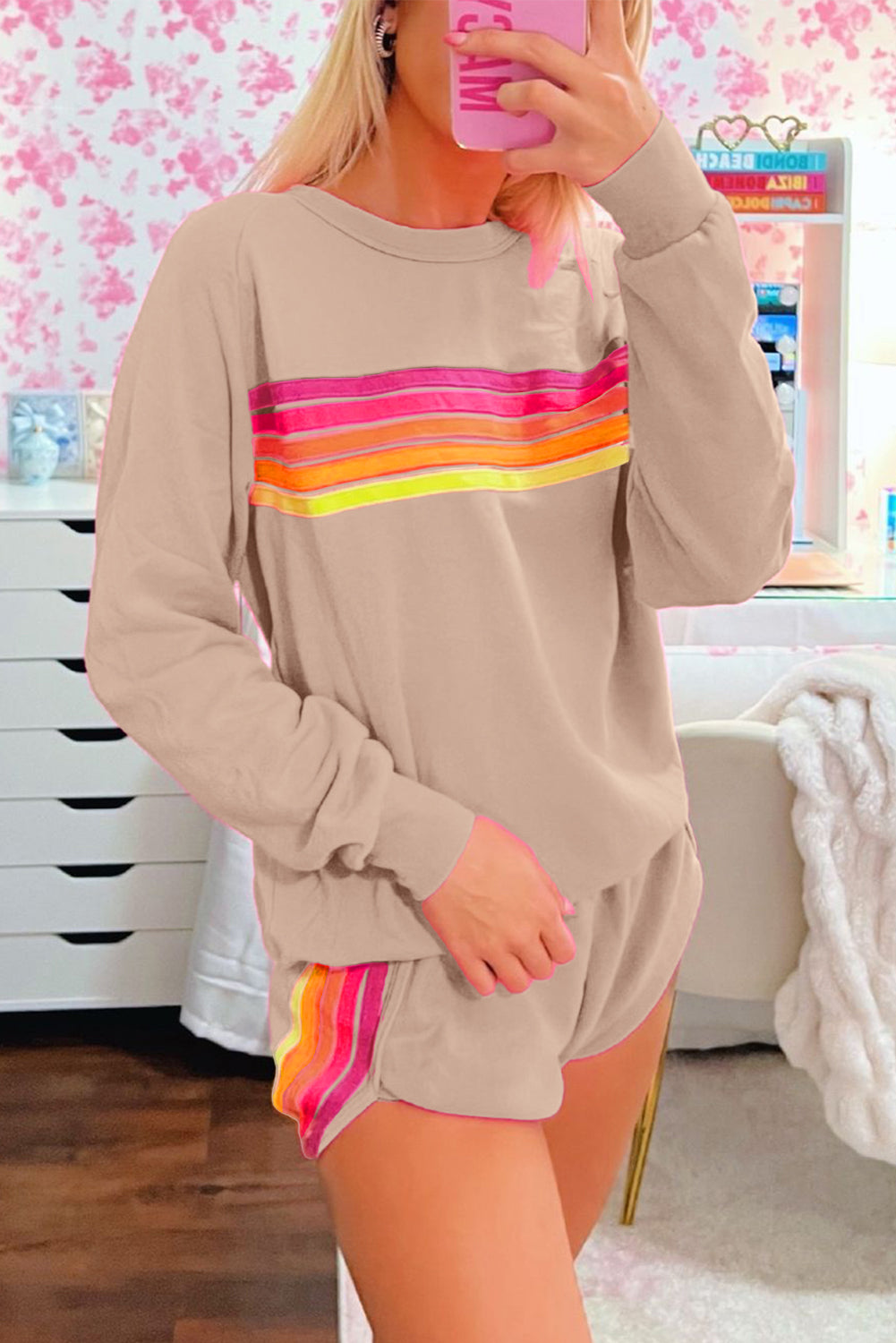 Beau Blue Colorful Striped Long Sleeve Pullover and Shorts Set