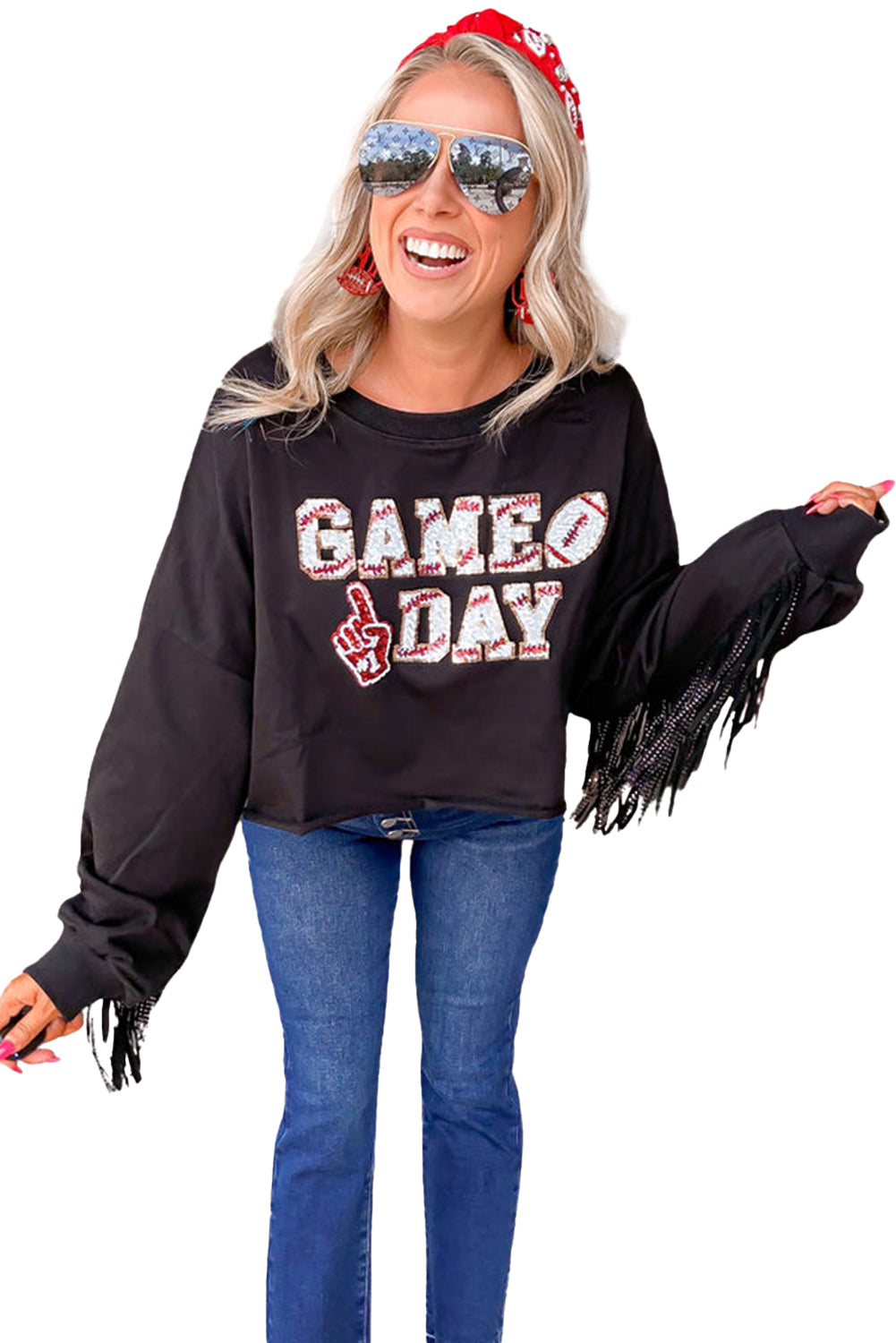 Black GAME DAY Football Sequin Tassel Cropped Sweatshirt