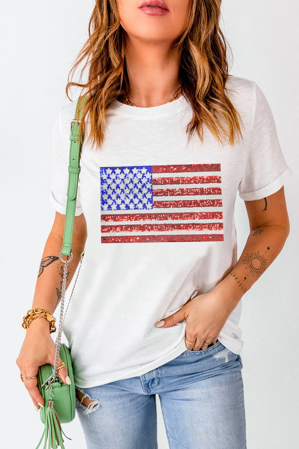 White Shimmery USA Flag Graphic Round Neck Tee