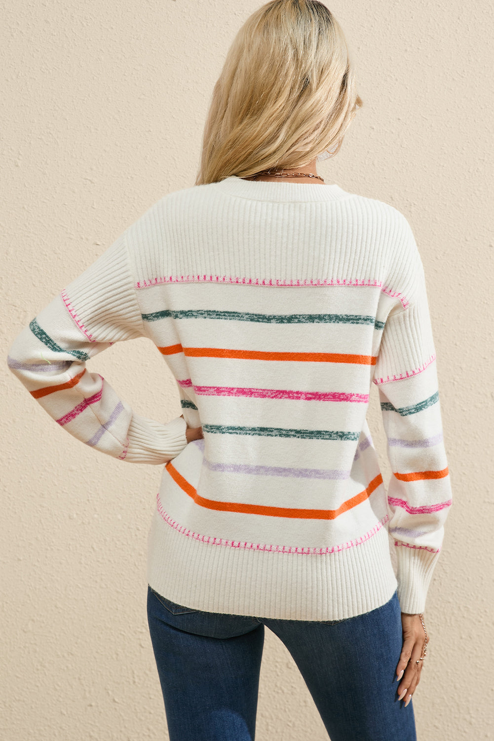 White Colorful Striped Ribbed Trim Round Neck Sweater