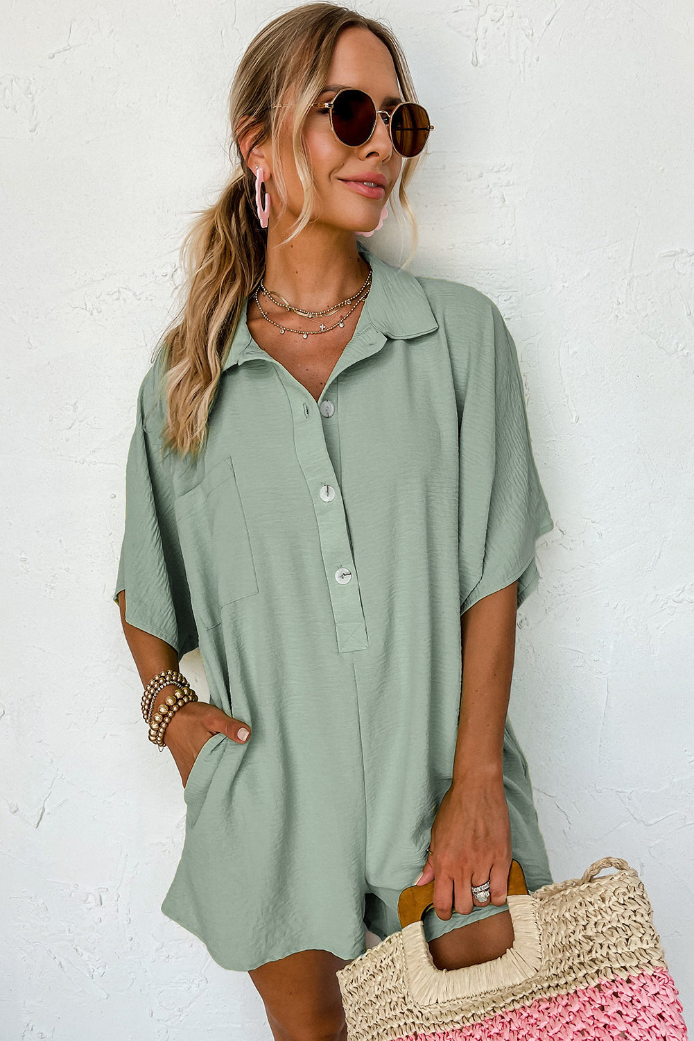 Half Button Collared Pocket Loose Romper