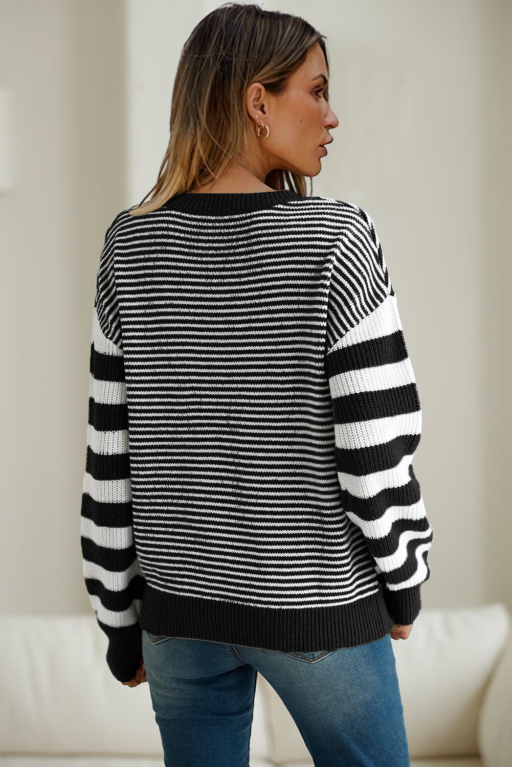 Red and White Stripe Twisted Knitted Drop Shoulder Sweater