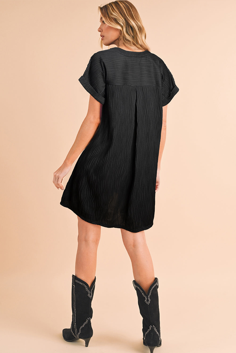 Black Crinkled Short Sleeve V Neck Flowy Dress