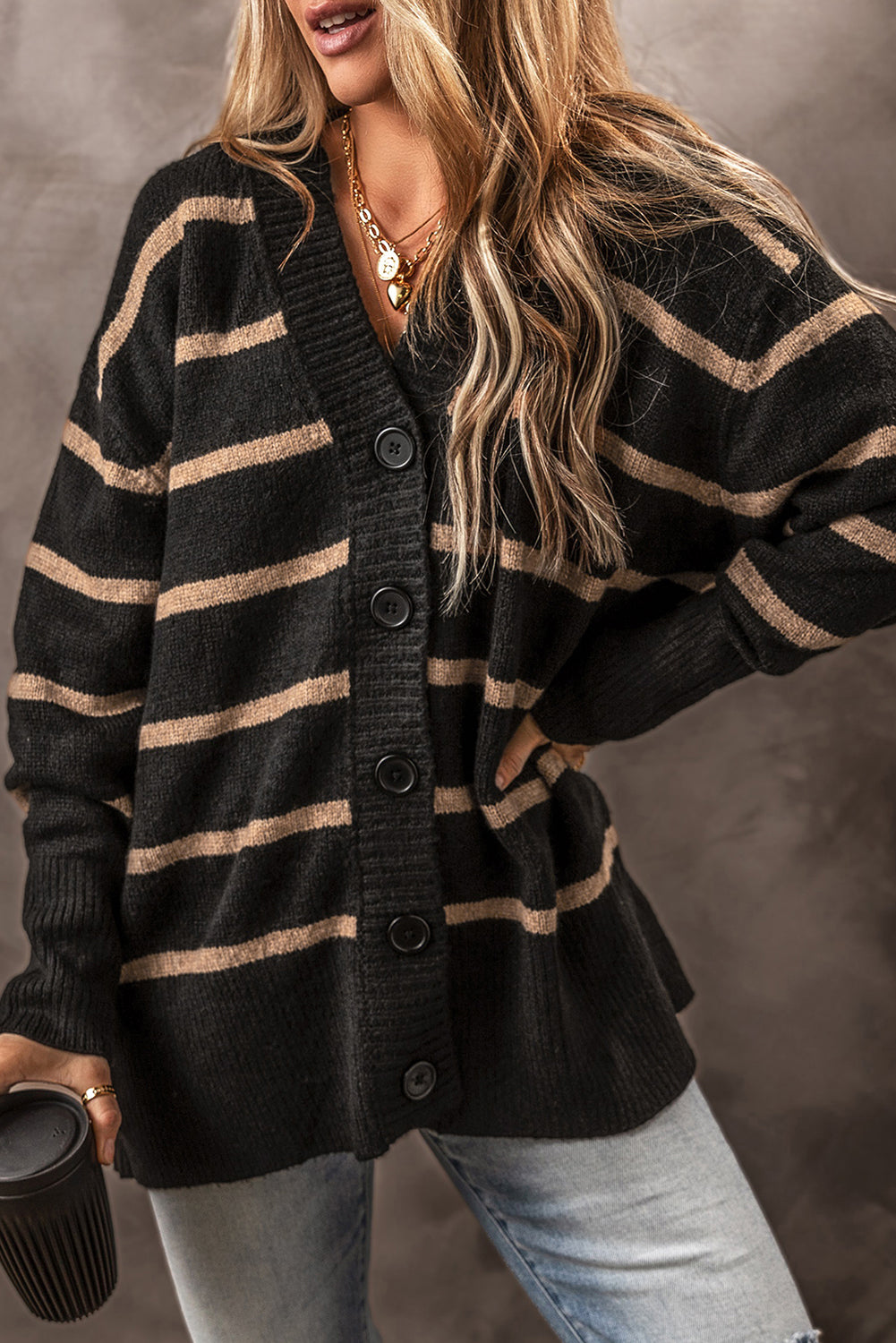 Black Stripe Buttoned V Neck Drop Shoulder Loose Cardigan