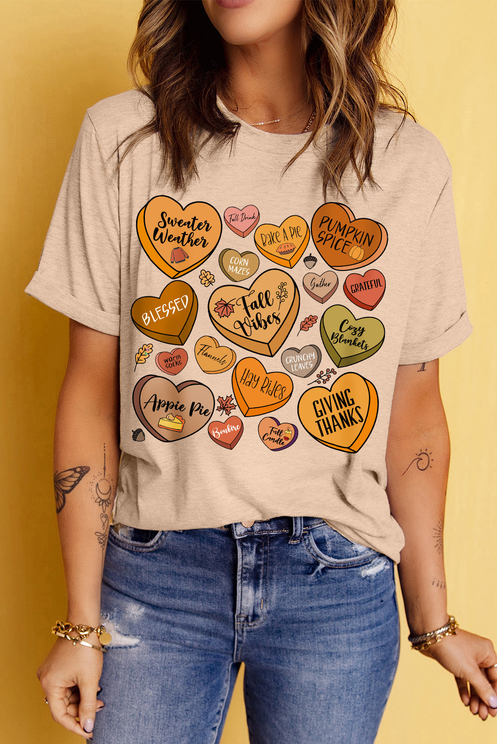 Fall Hearts Graphic Round Neck Short Sleeve  T-Shirt