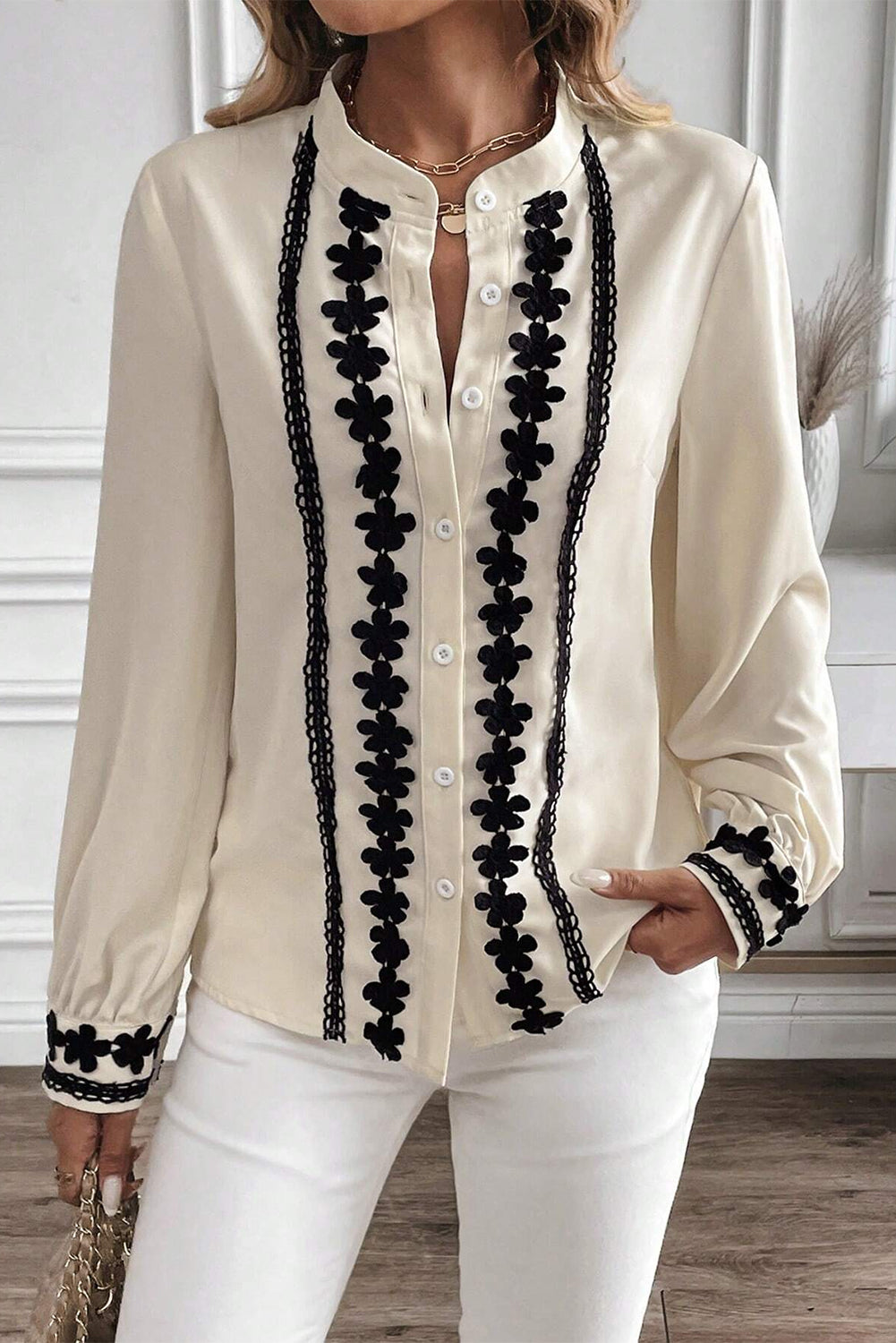 Beige Cute Flower Stand Neck Buttoned Shirt