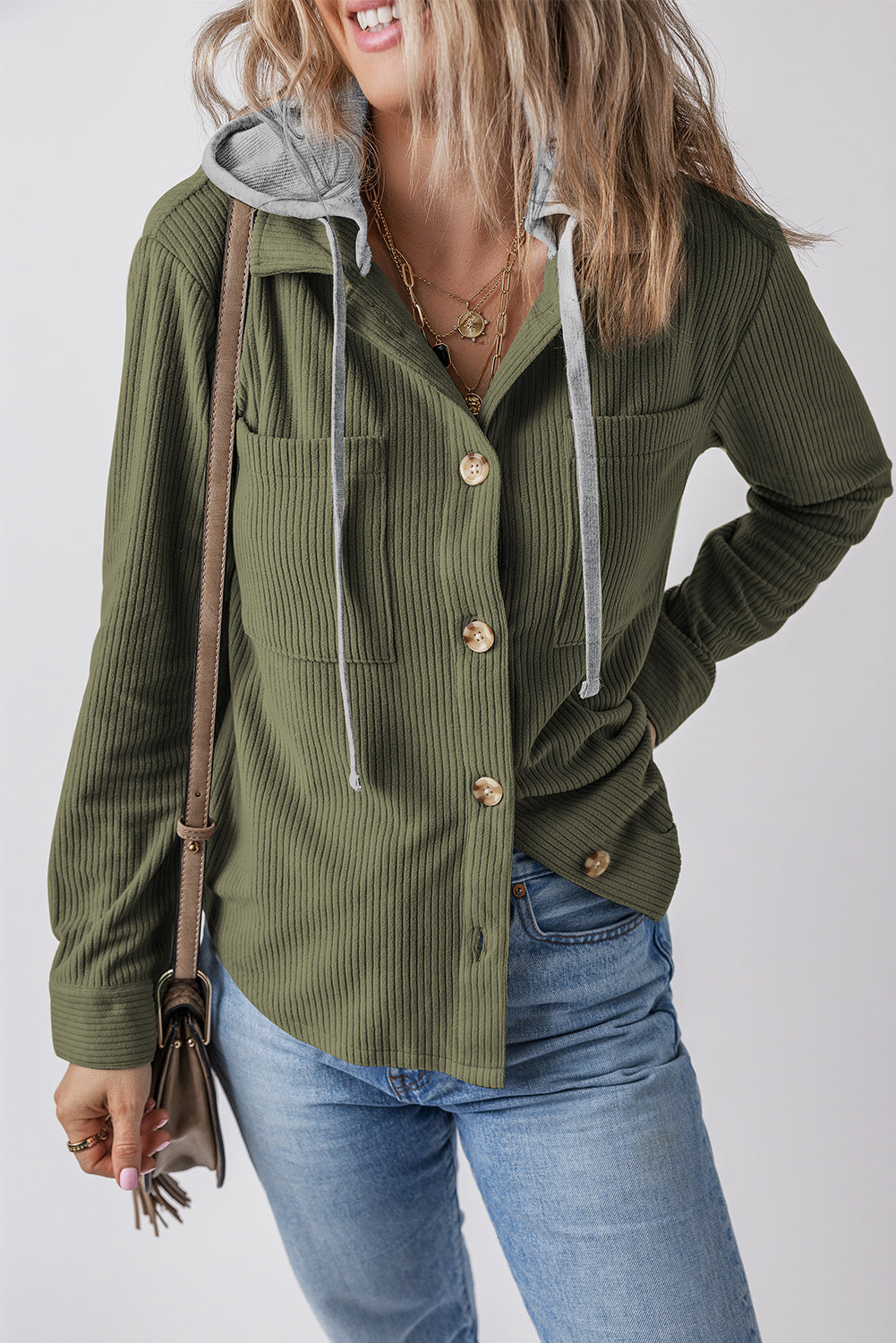 Moss Green Pockets Drawstring Hooded Corduroy Shacket