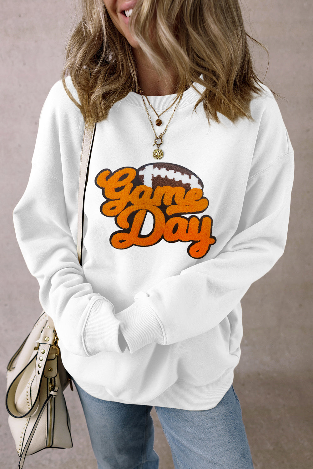 White Chenille Game Day Football Pattern Pullover Sweatshirt