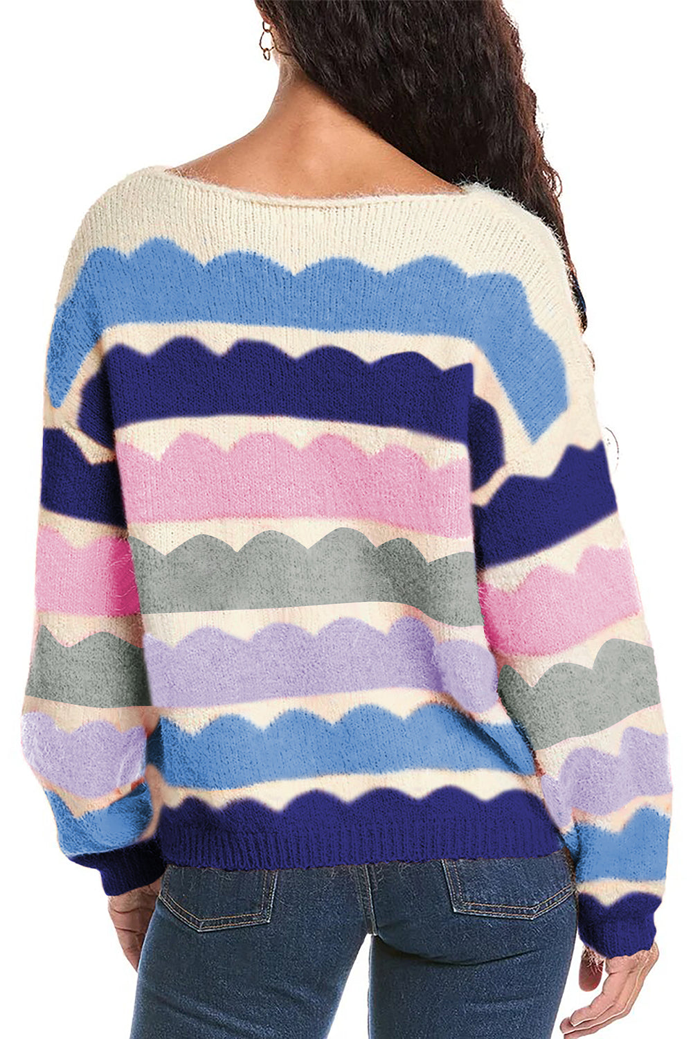 Dark Blue Wave Striped Balloon Sleeve Drop Shoulder Sweater