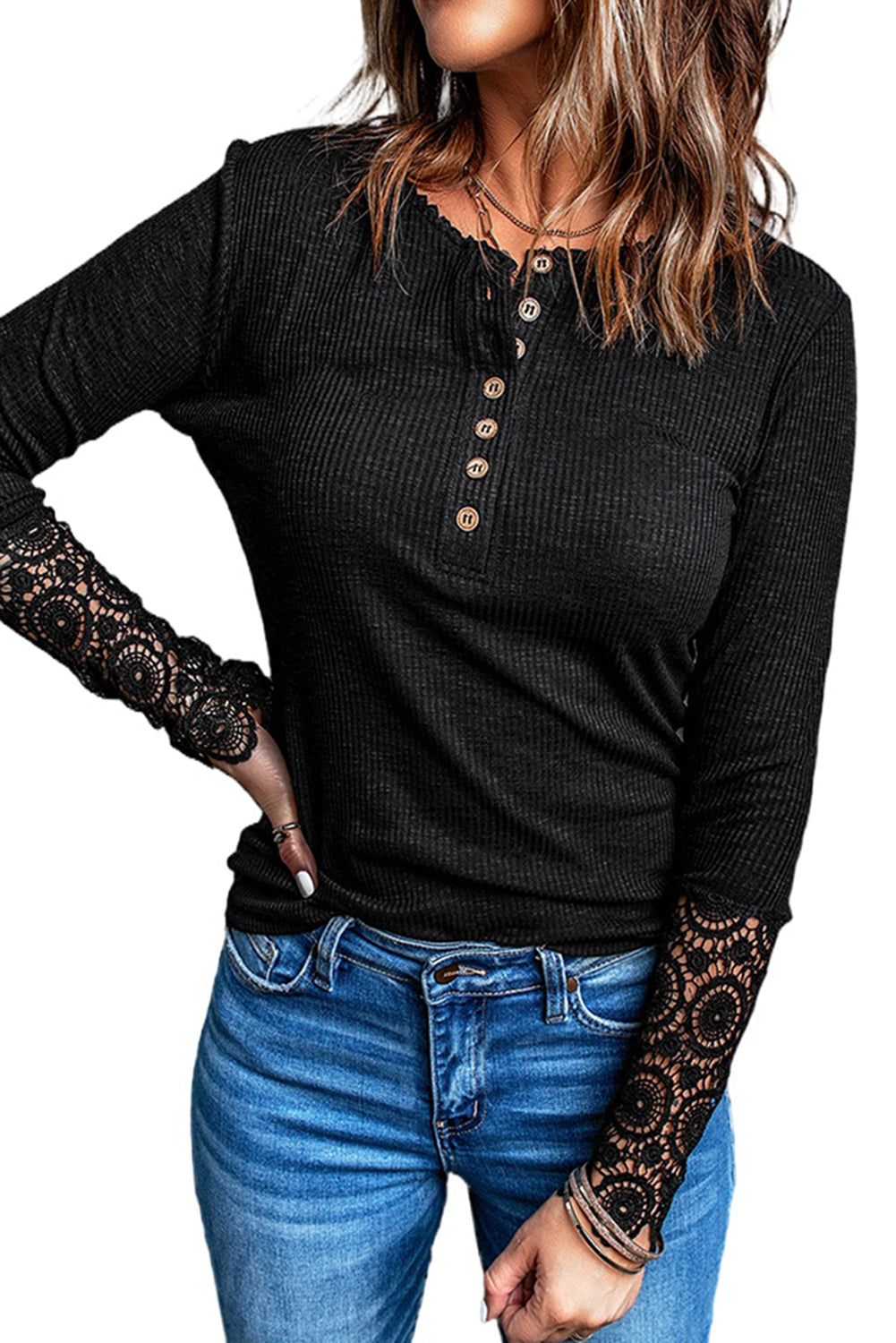 Black Ribbed Lace Crochet Long Sleeve Henley Shirt