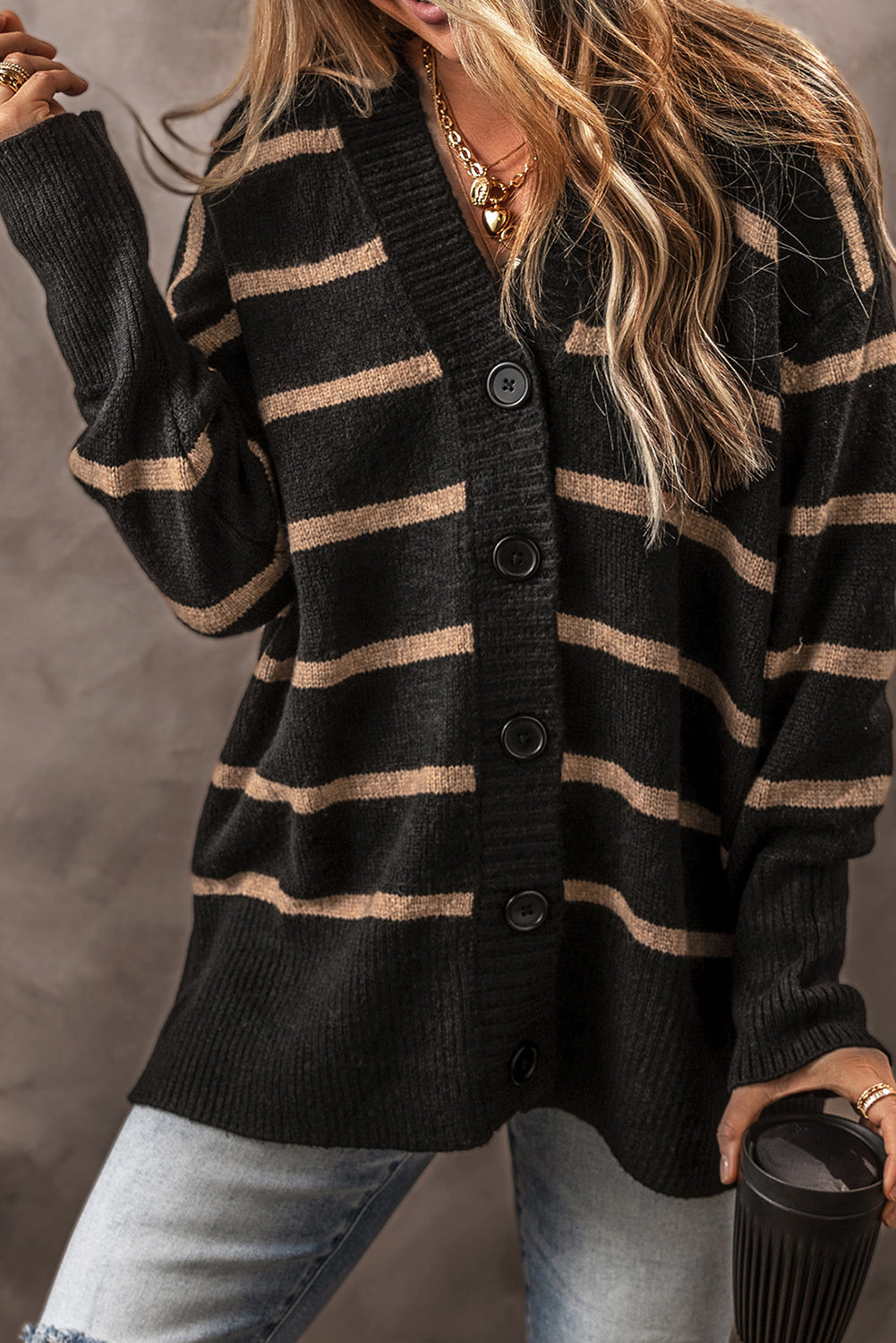 Black Stripe Buttoned V Neck Drop Shoulder Loose Cardigan