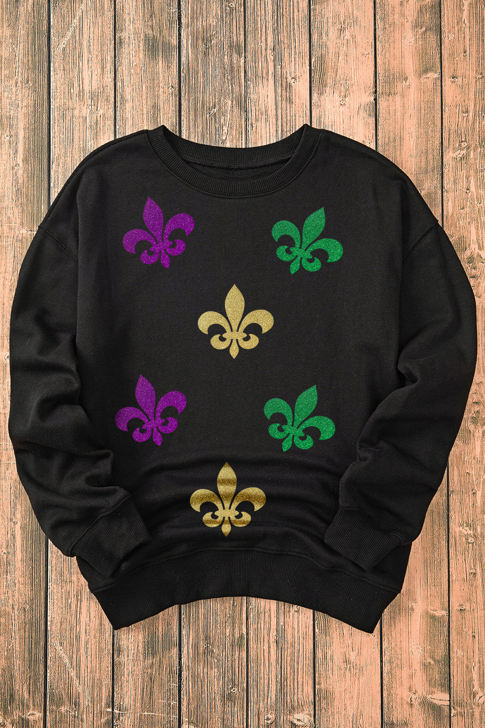 Black Mardi Gras Graphic Round Neck Casual Sweatshirt