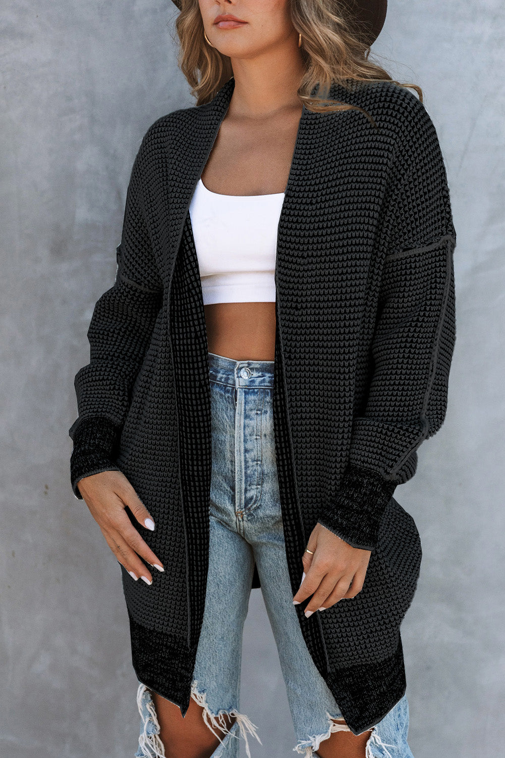 Plaid Contrast Trim Casual Knit Cardigan