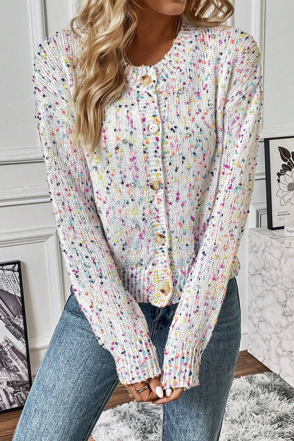 White Confetti Knit Cropped Cardigan