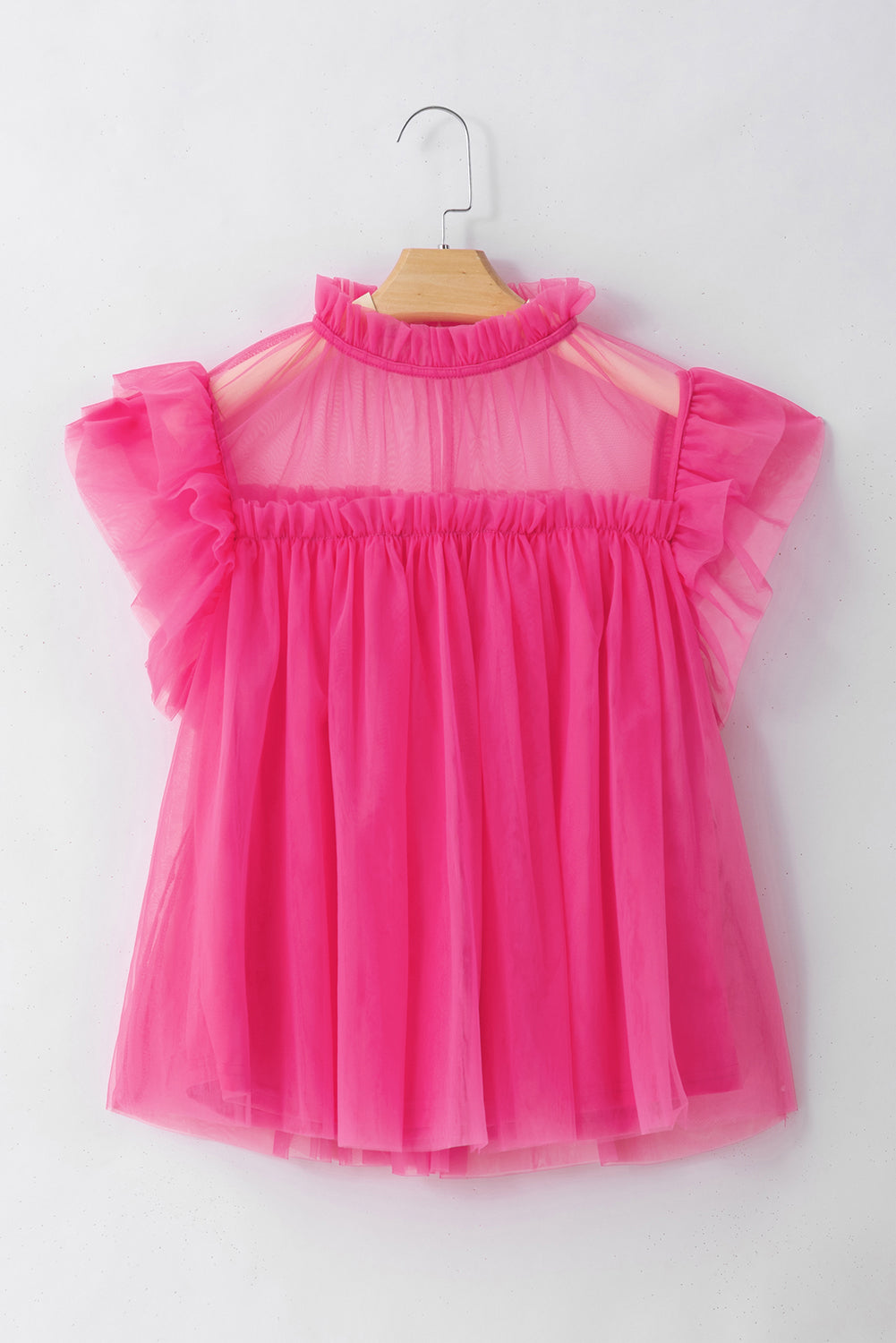 Strawberry Pink Ruffle Trim Mesh Layered Blouse